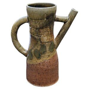 Handcrafted Ceramic Pitcher Vase Abstract Design Tan Brown Studio Art 10 Inch
